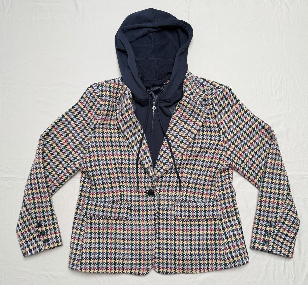 Anthropologie Multicolor Houndstooth Blazer with Navy Hooded Layer